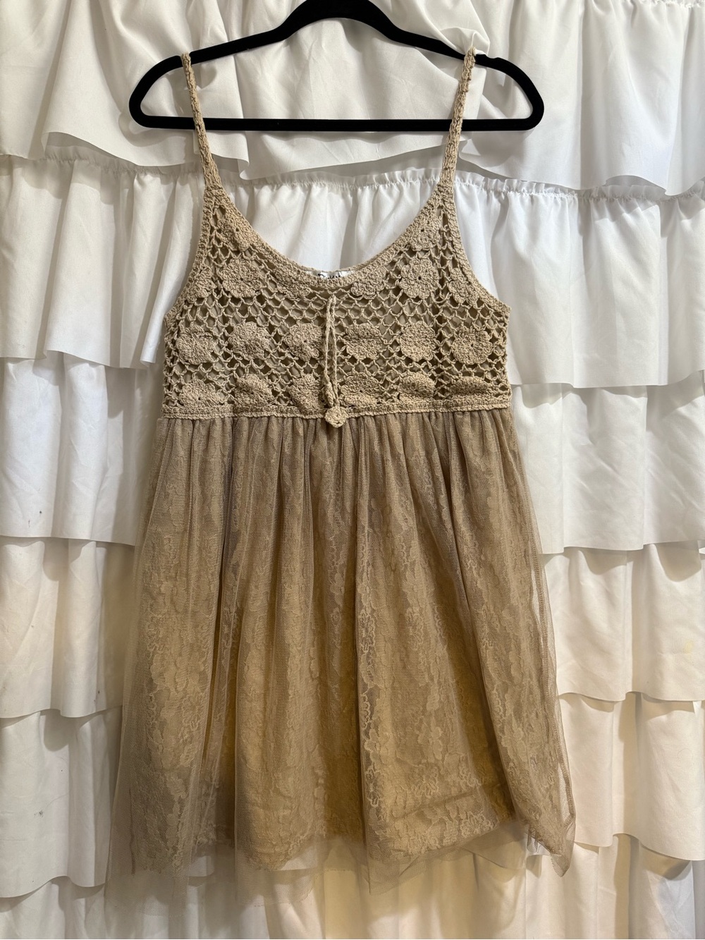 Pinky Crochet Bodice Lace Skirt Spaghetti Strap Dress in Tan